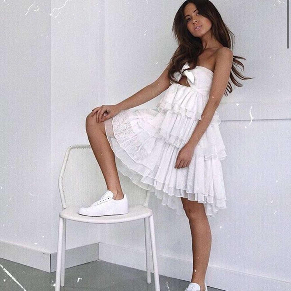 SHONA JOY x REVOLVE Uccello Ivory White Tie Front Ruffle Tiered Mini Dress